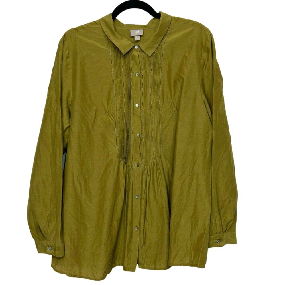 J. Jill Cotton/Silk Blend Pleated Front Blouse XL Button Up Olive Green